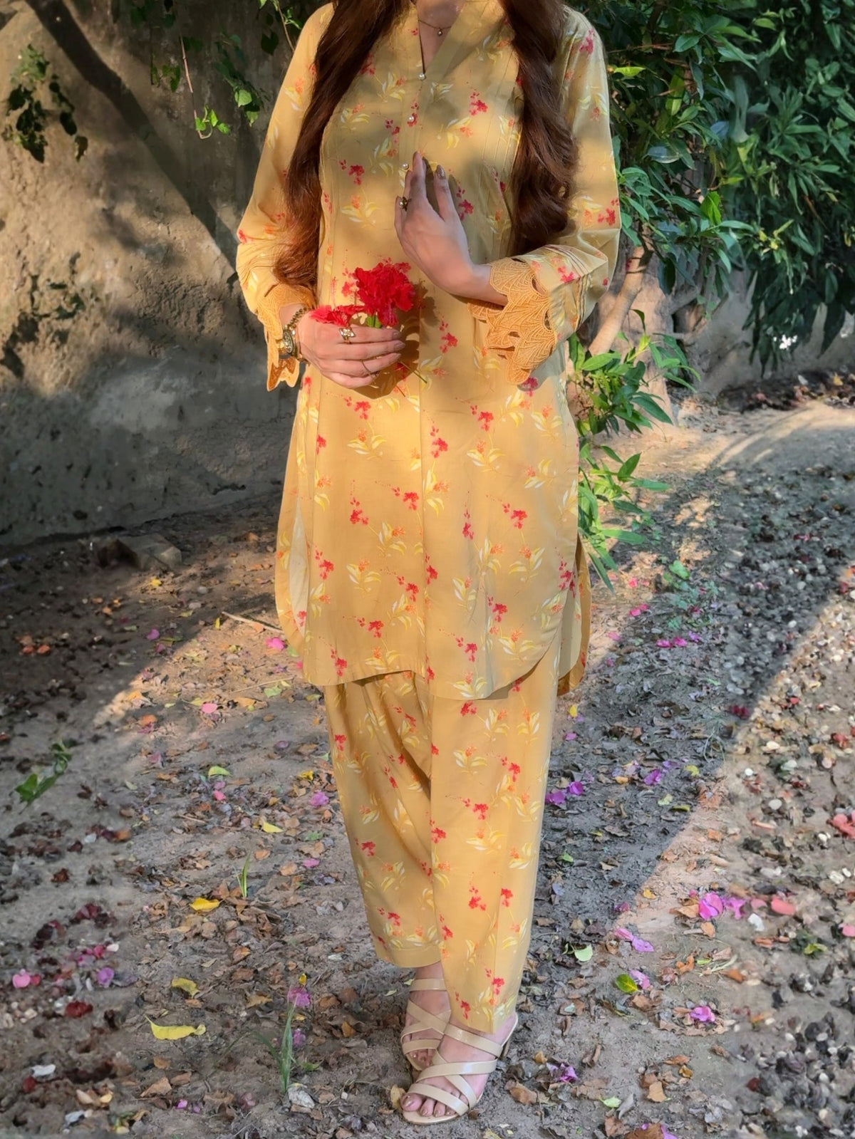 Mustard Yellow Floral 2PC Stitched Lawn Suit