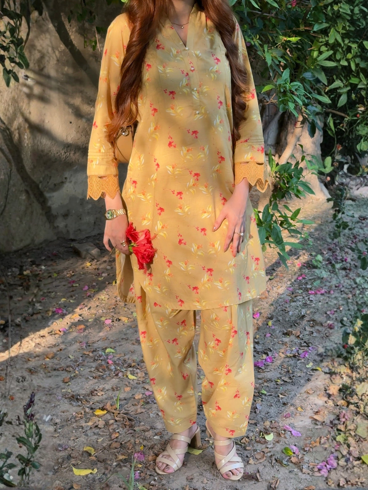 Mustard Yellow Floral 2PC Stitched Lawn Suit