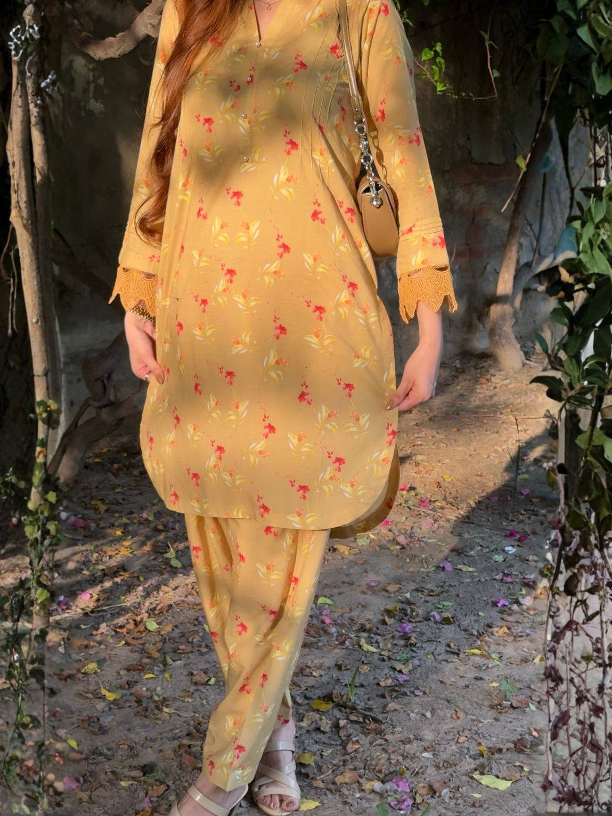 Mustard Yellow Floral 2PC Stitched Lawn Suit