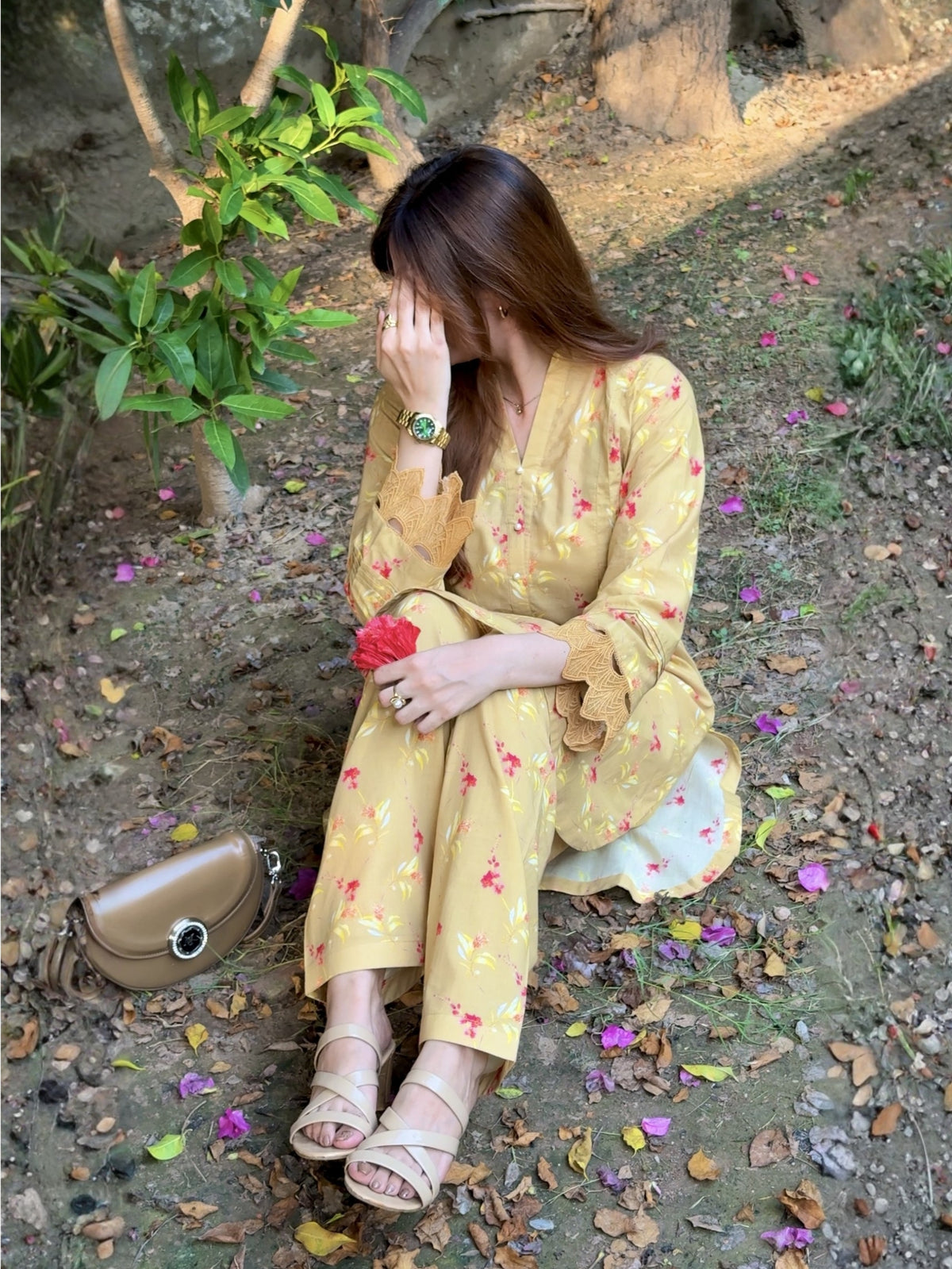 Mustard Yellow Floral 2PC Stitched Lawn Suit