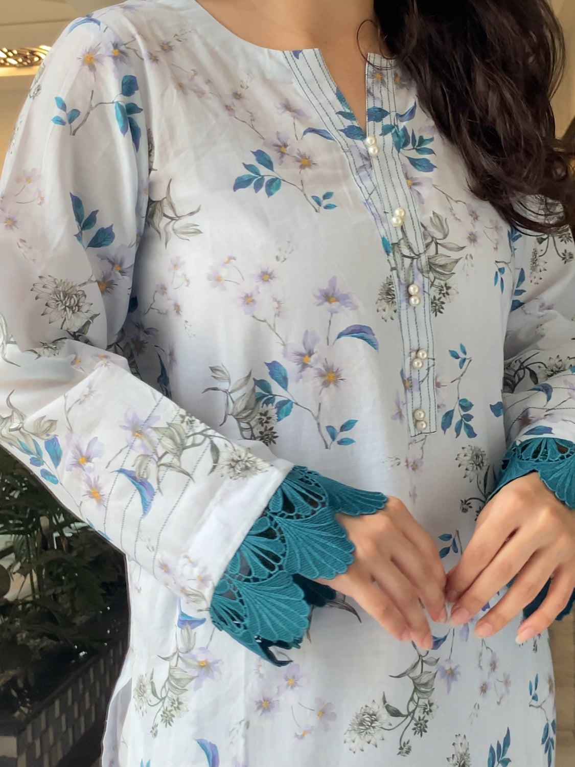 White & Blue Floral 2PC Stitched Lawn Suit