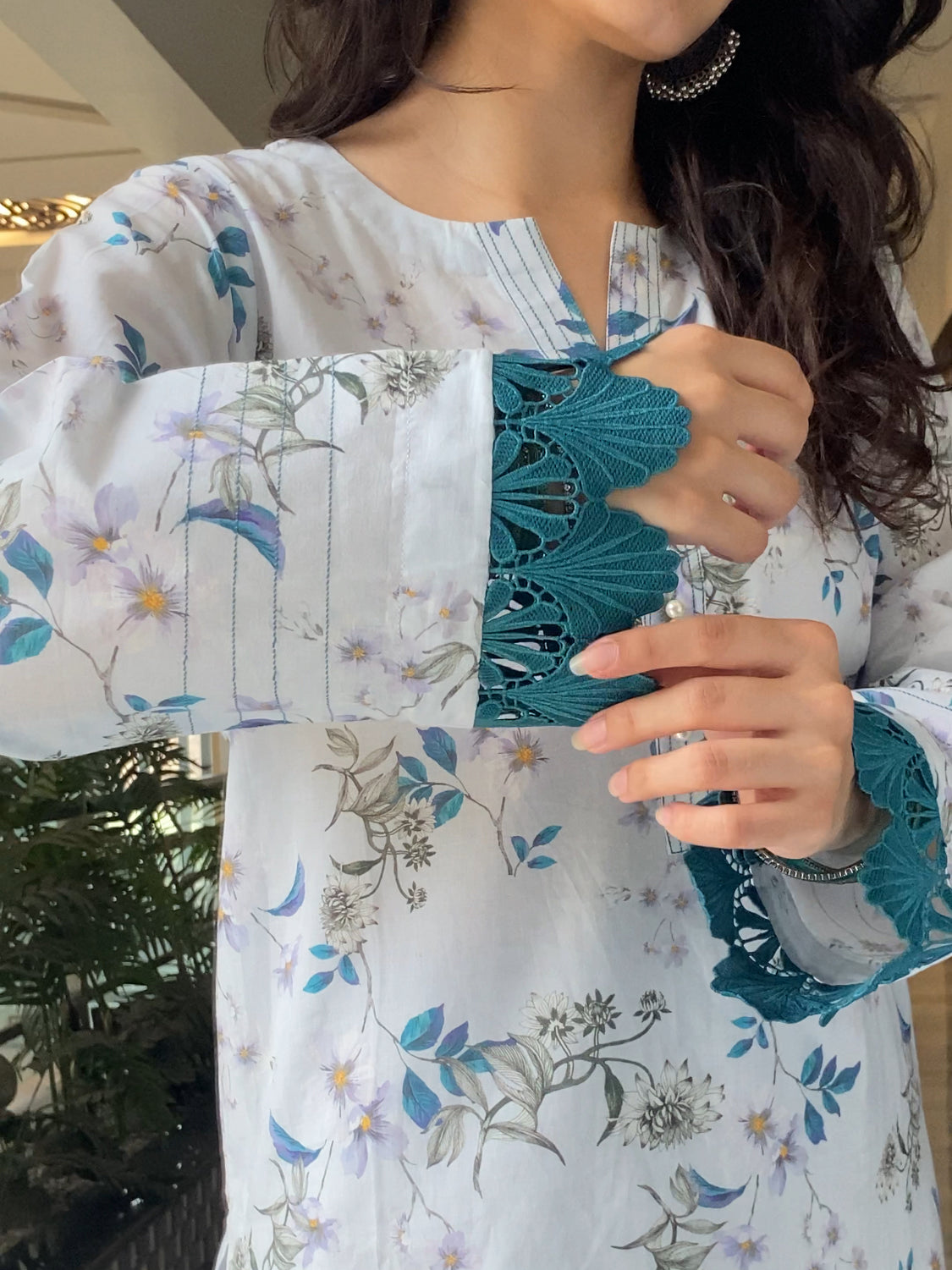 White & Blue Floral 2PC Stitched Lawn Suit
