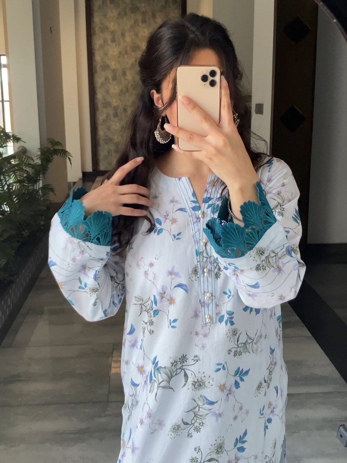 White & Blue Floral 2PC Stitched Lawn Suit