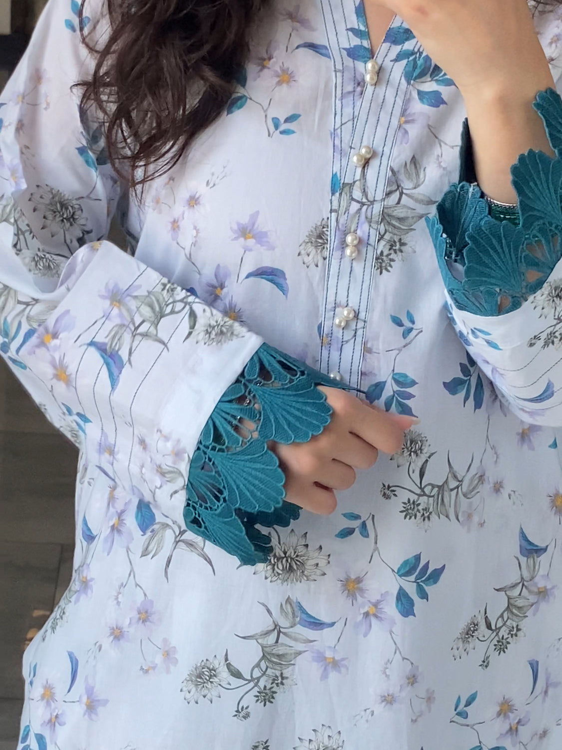 White & Blue Floral 2PC Stitched Lawn Suit