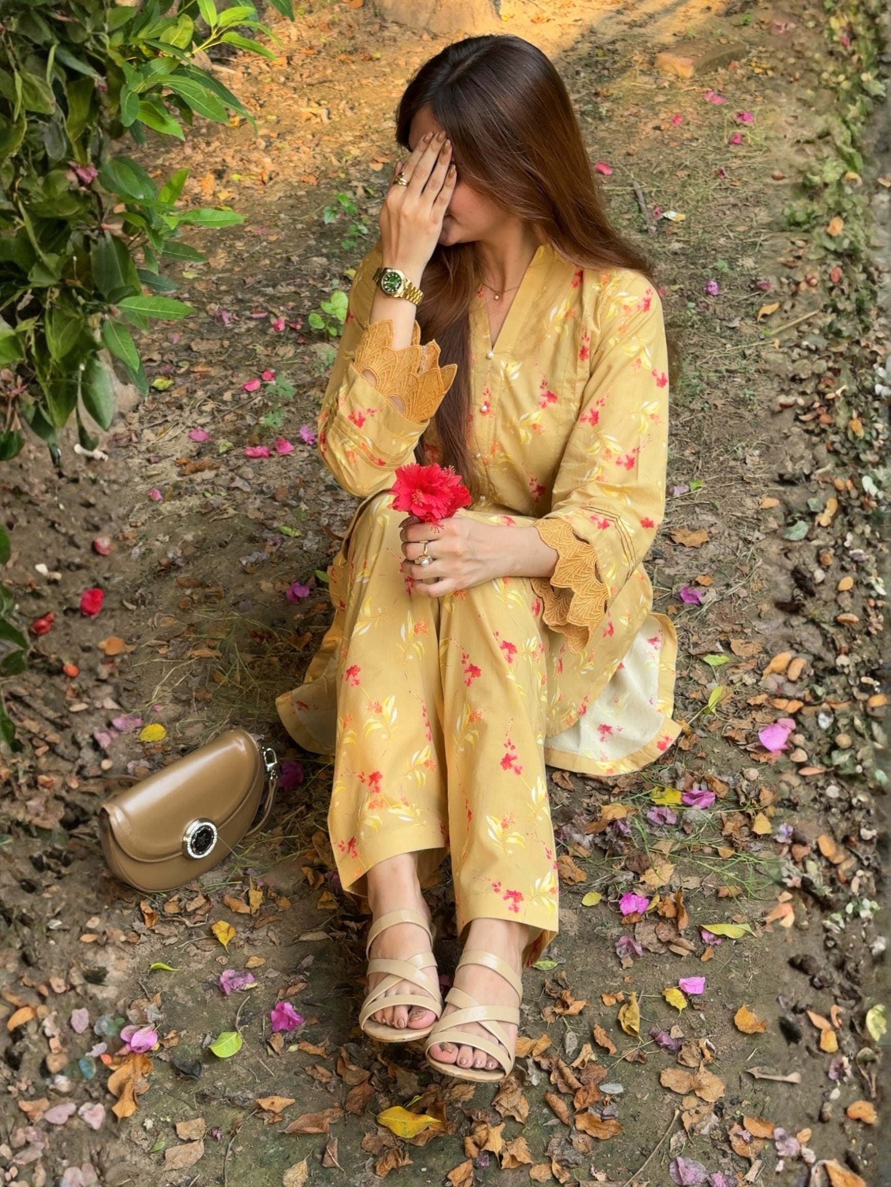 Mustard Yellow Floral 2PC Stitched Lawn Suit