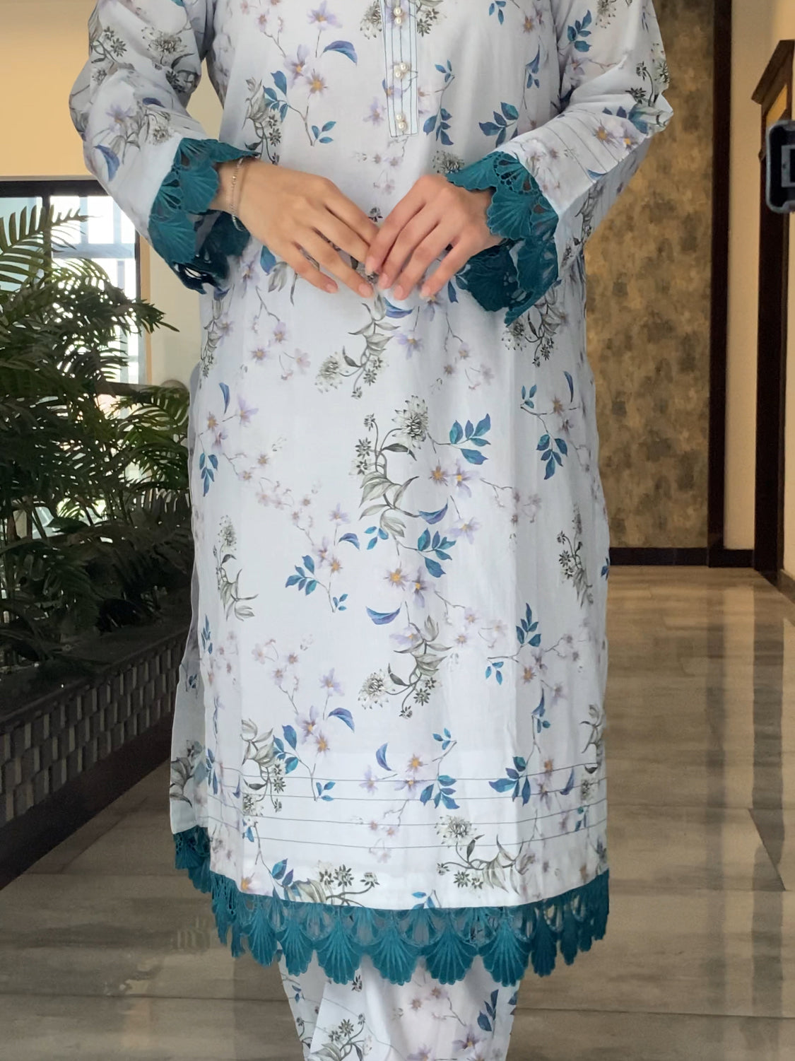 White & Blue Floral 2PC Stitched Lawn Suit
